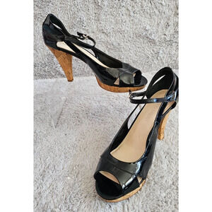 Franco Sarto Womens Black Patent‎ Ankle Peep Toe Cork Platform Heels Pumps 10M